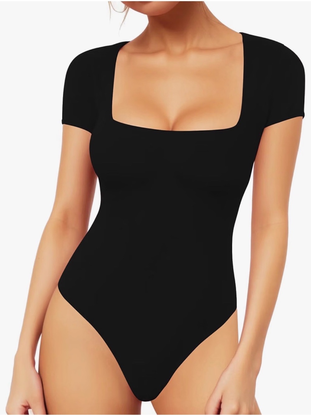 Mangopop Black Square-Neck Short Sleeve Bodysuit